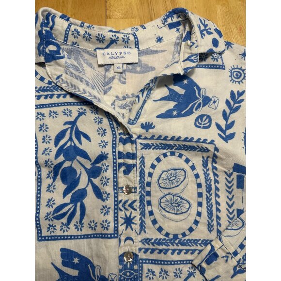 Calypso St Barth Blue White Boho Hippie Dove, Sun Button Down Long Sleeve Size X - Picture 2 of 5